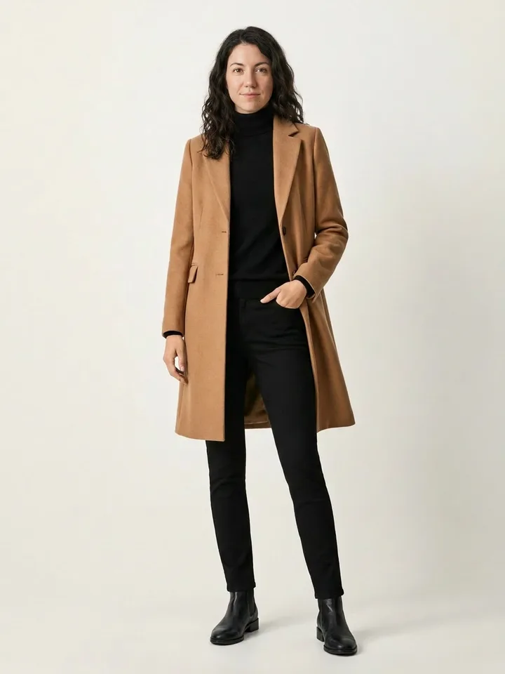 The shop's photograph with the shopper wearing the coat